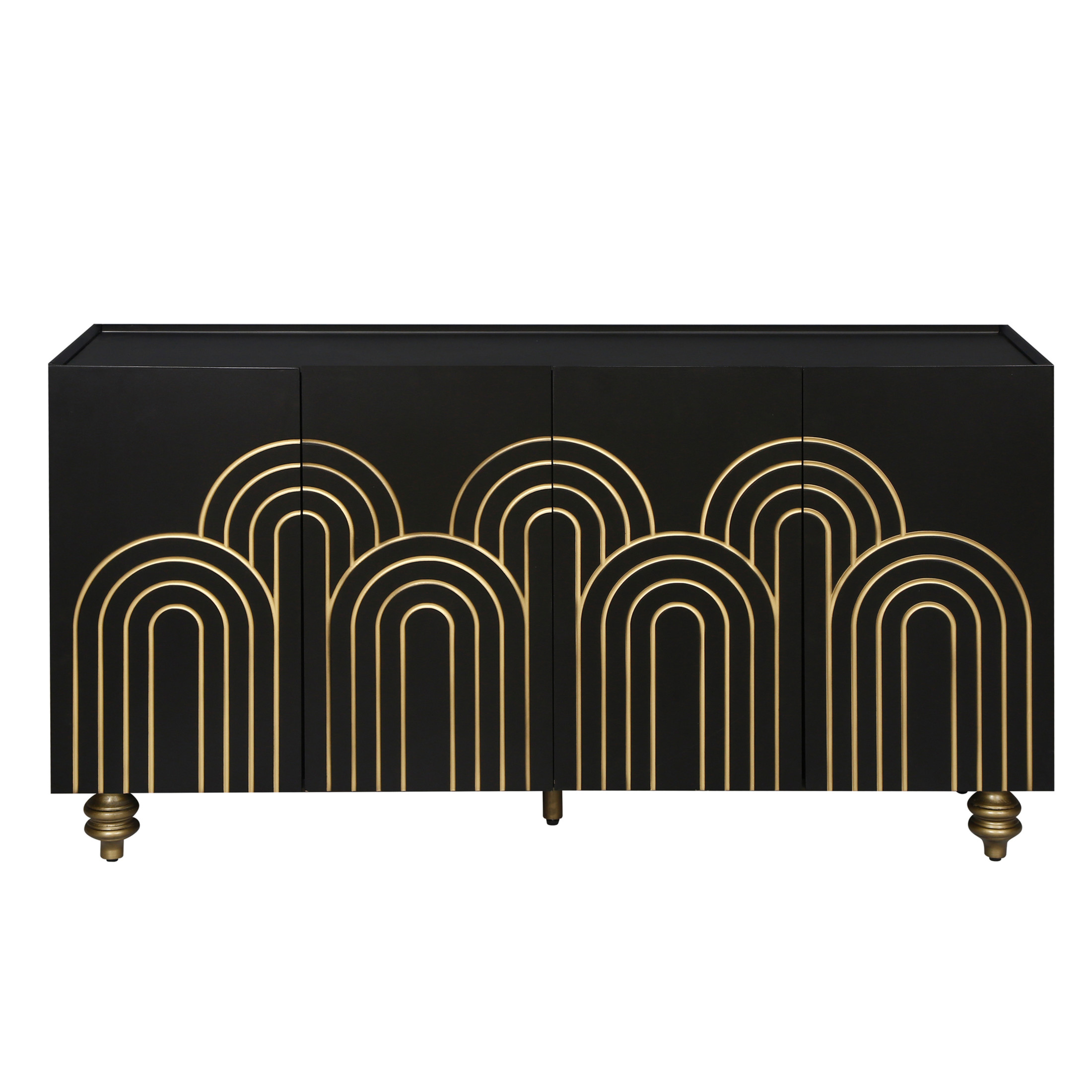 Noble House Modern Fluted Sideboard Buffet with 4 Doors and Adjustable Shelves, Curved Line Design Storage Cabinet for Dining Room, Black