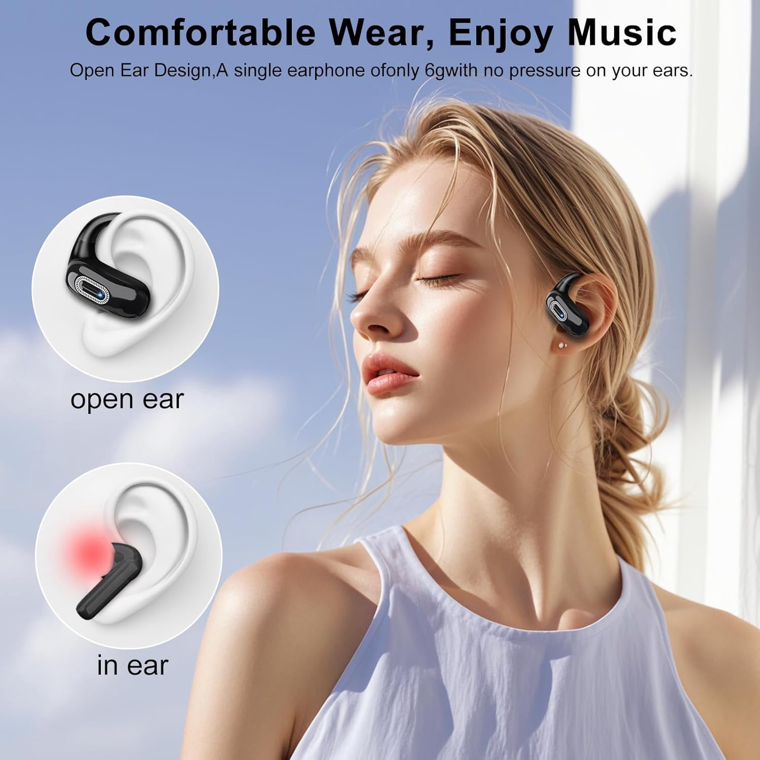Open Ear Headphones, Bluetooth 5.4 Earbuds, 50H, Air Conduction Ear Buds, HD Stereo Bass Over Ear Earphones with Earhooks, Ultra-Comfort Secure Fit, IPX7 Waterproof Headset for Working Sports