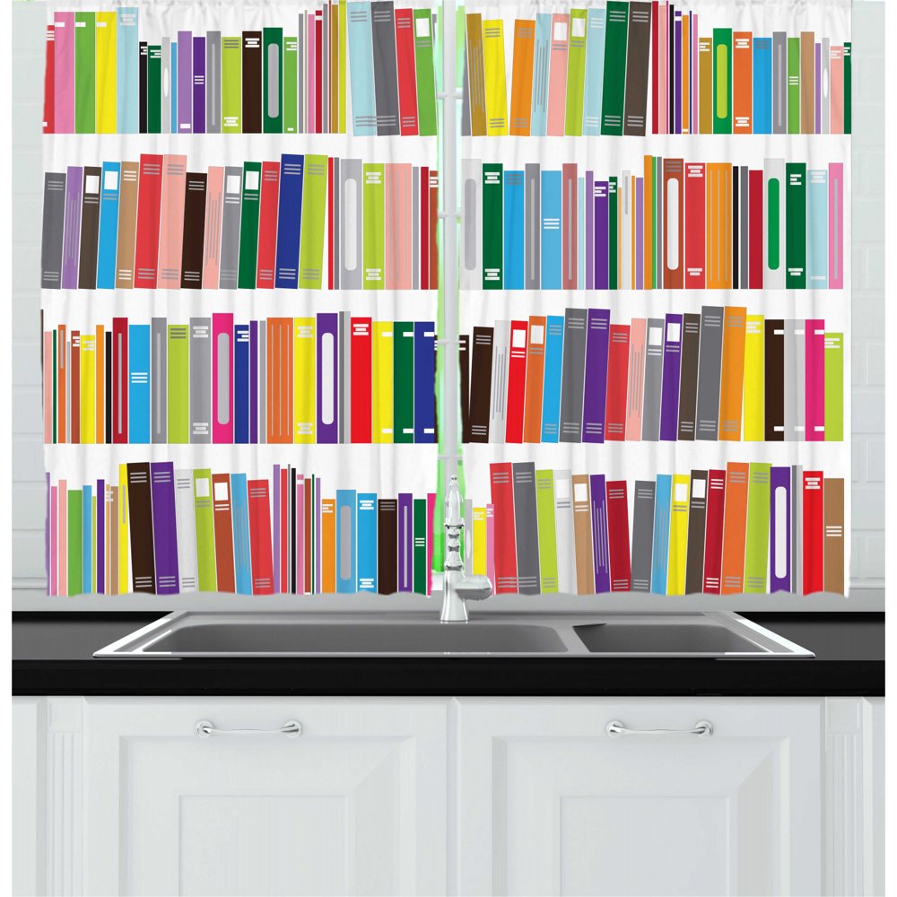 Bookshelf Curtains 2 Panels Set, Doodle Drawing of Colorful Books