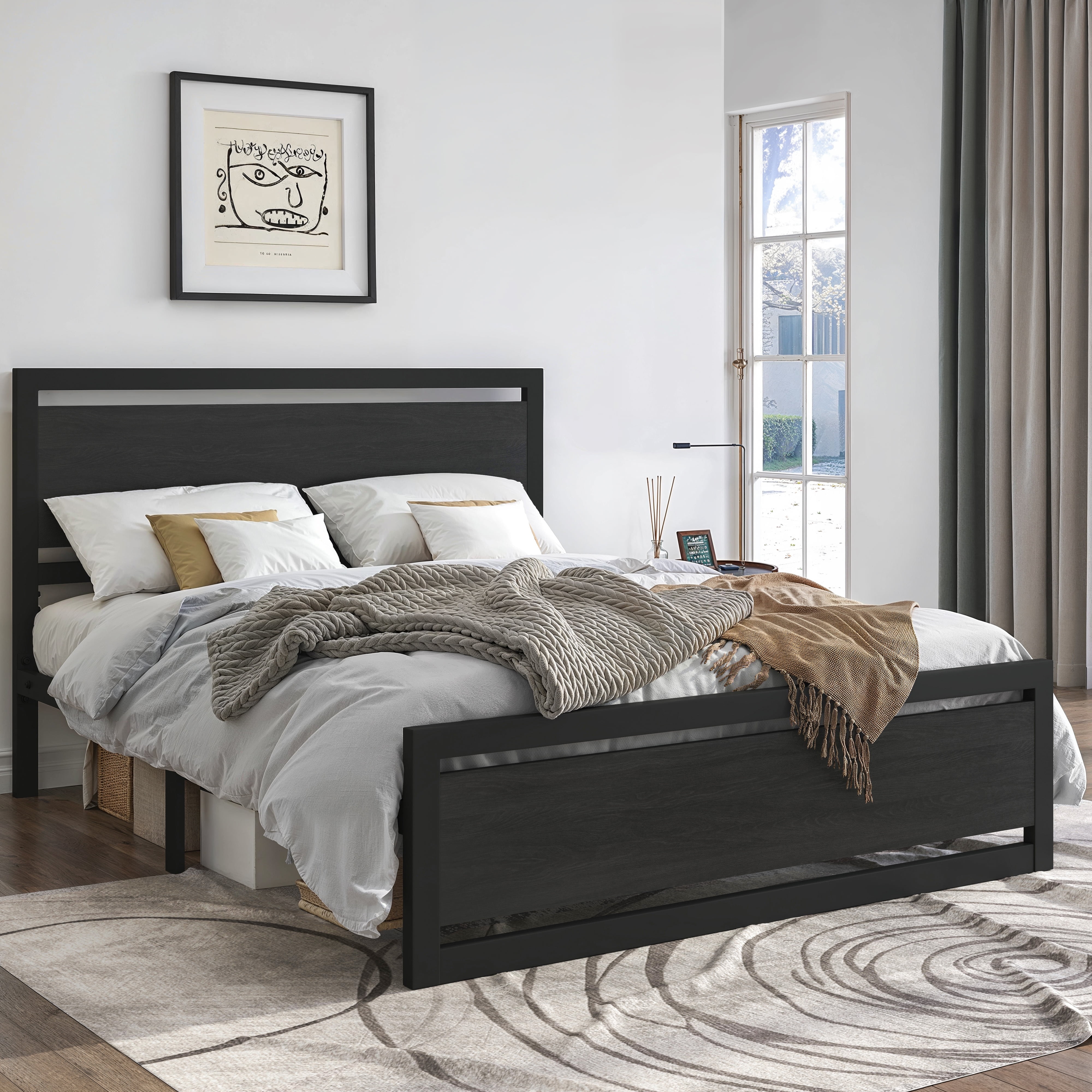 Amolife Queen Size Metal Platform Bed Frame with Wooden Headboard, 12.4" Under-Bed Storage, Black