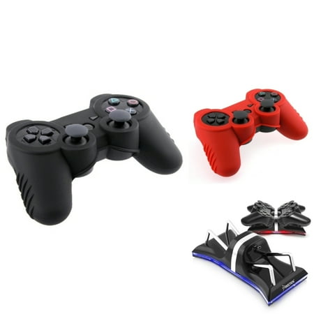 Insten For Sony PS3 - Dual Remote Charging Dock Station + 2-pack Silicone Controller Skin Case Cover
