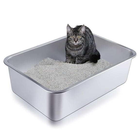 Stainless Steel Pet Litter Box, Open Top Design, Deep Litter Tray For Cats & Small Pets 45X35X20Cm