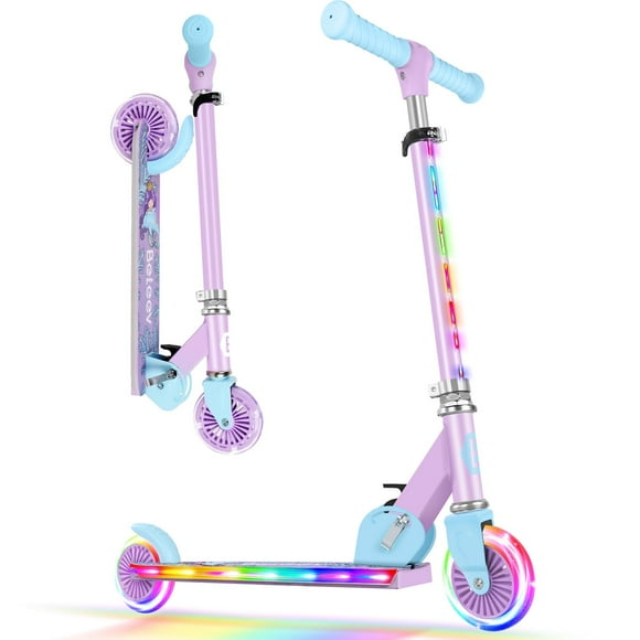 BELEEV V2 Scooters for Kids with Light-Up Wheels & Stem & Deck, 2 Wheel Folding Scooter for Girls Boys, 3 Adjustable Height, Non-Slip Deck, Ligh
