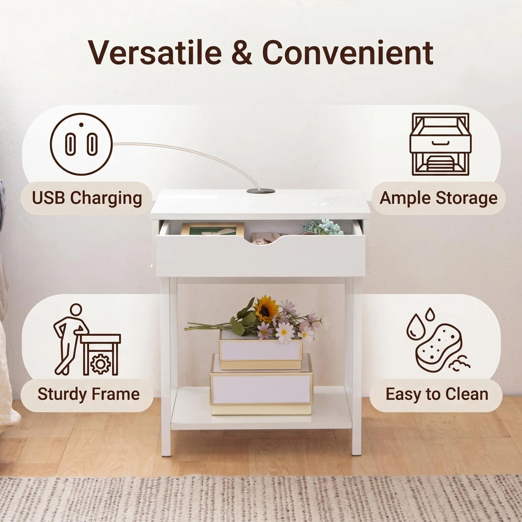 JJS Side End Table, Nightstand, Bedside Table with Drawer and Storage Shelves, Sofa Table for Living Room, Bedroom, Accent Furniture, Easy Assembly, White