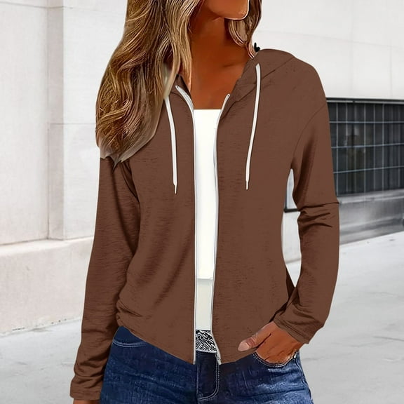 Endives Womens Zip Up Jackets Basic Lightweight Sweatshirt Print Long Sleeve Shirts Drawstring Hoodies Coat 2025 Fall Plus Size Coffee