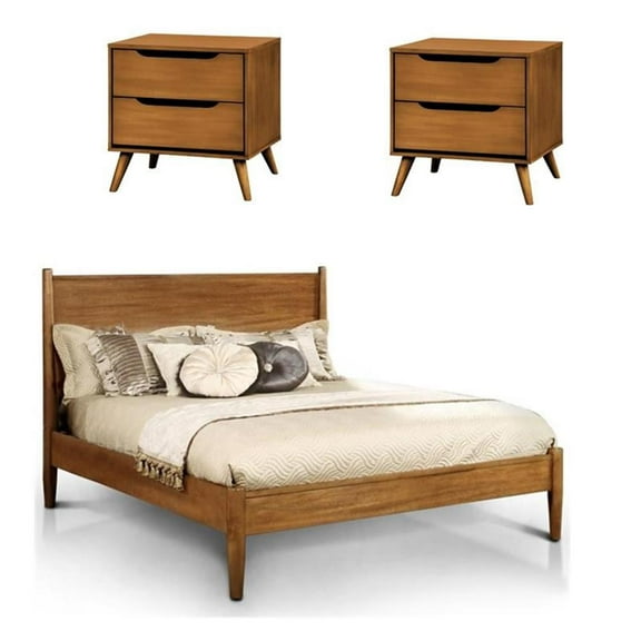 Home Square Set of 3 Wood Full Platform Bed and 2 2-Drawer Nightstands in Oak