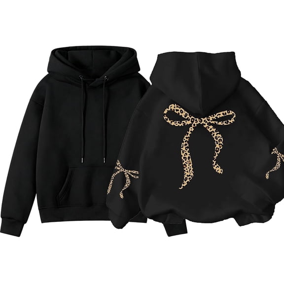 RMGVDSD Girls Graphic Hoodies Long Sleeve Cartoon Print Pullover Leopard Bow Print Hooded Sweatshirt Cute Casual Tops Fall Clothes 5-6 Years