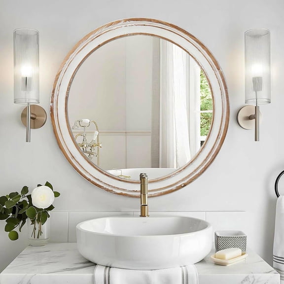 Resenkos 27.5" Round Farmhouse Wooden Mirror with Whitewash Frame, Decorative Hanging Mirror for Entryway/Kitchen, Antique Natural