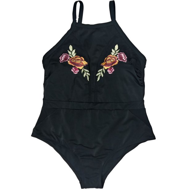 Womens Black Orange Red Flower Embroidered One Piece Floral Swimming Suit Walmart Com