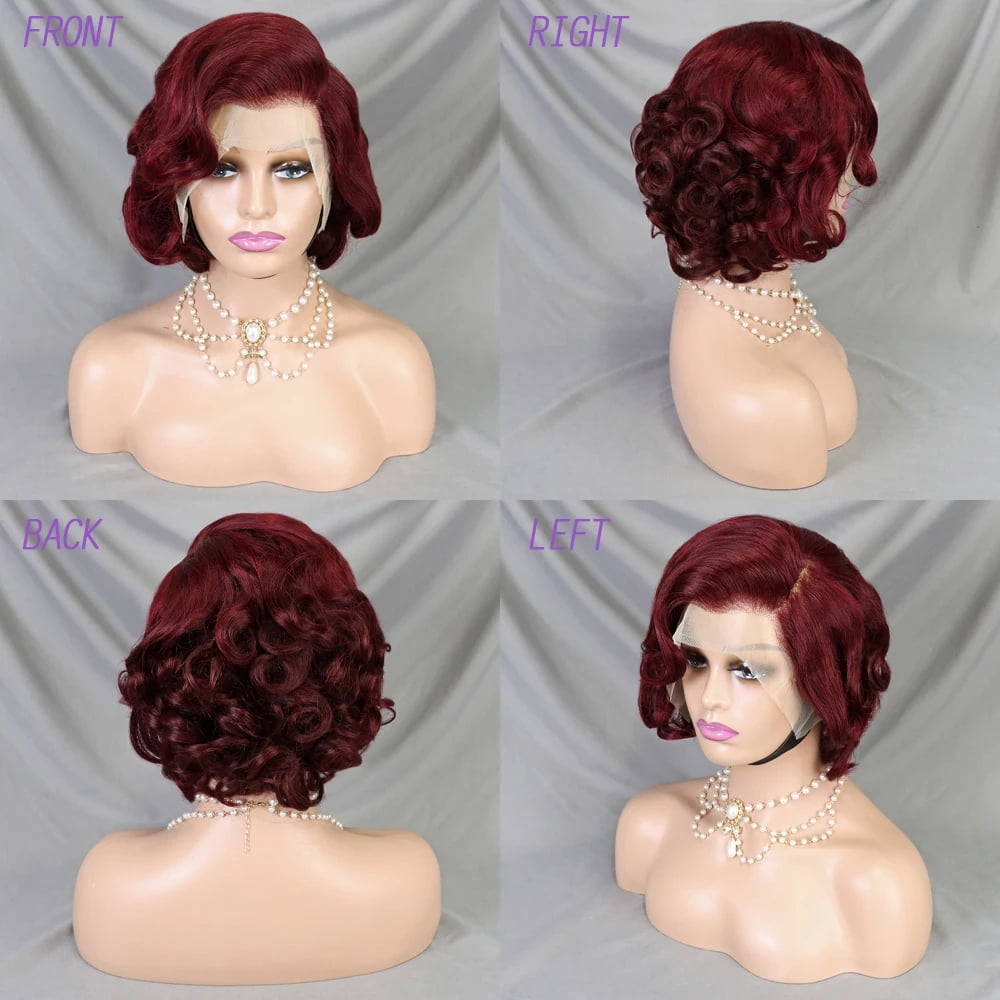99J Color Loose Wave Pixie Cut Wig Red Short Bob Human Hair 13x4 Lace Frontal Wigs Transparent Lace Human Hair for Black Women Lace Front Human Hair Wig