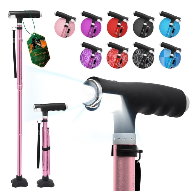 Bastón BeneCane para mujer, plegable, con dos luces LED, base estable, ligero y ajustable, color rosa