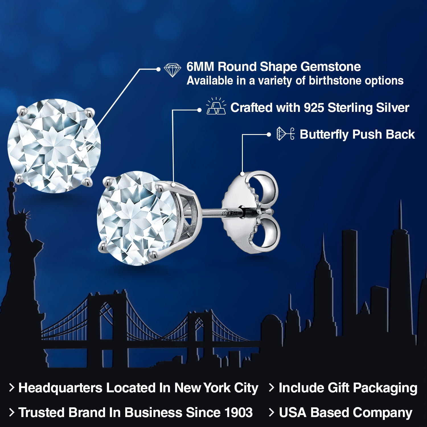 Gem Stone King 925 Sterling Silver Sky Blue Aquamarine Stud Earrings for Women | 1.50 Cttw | Gemstone March Birthstone | Round 6MM