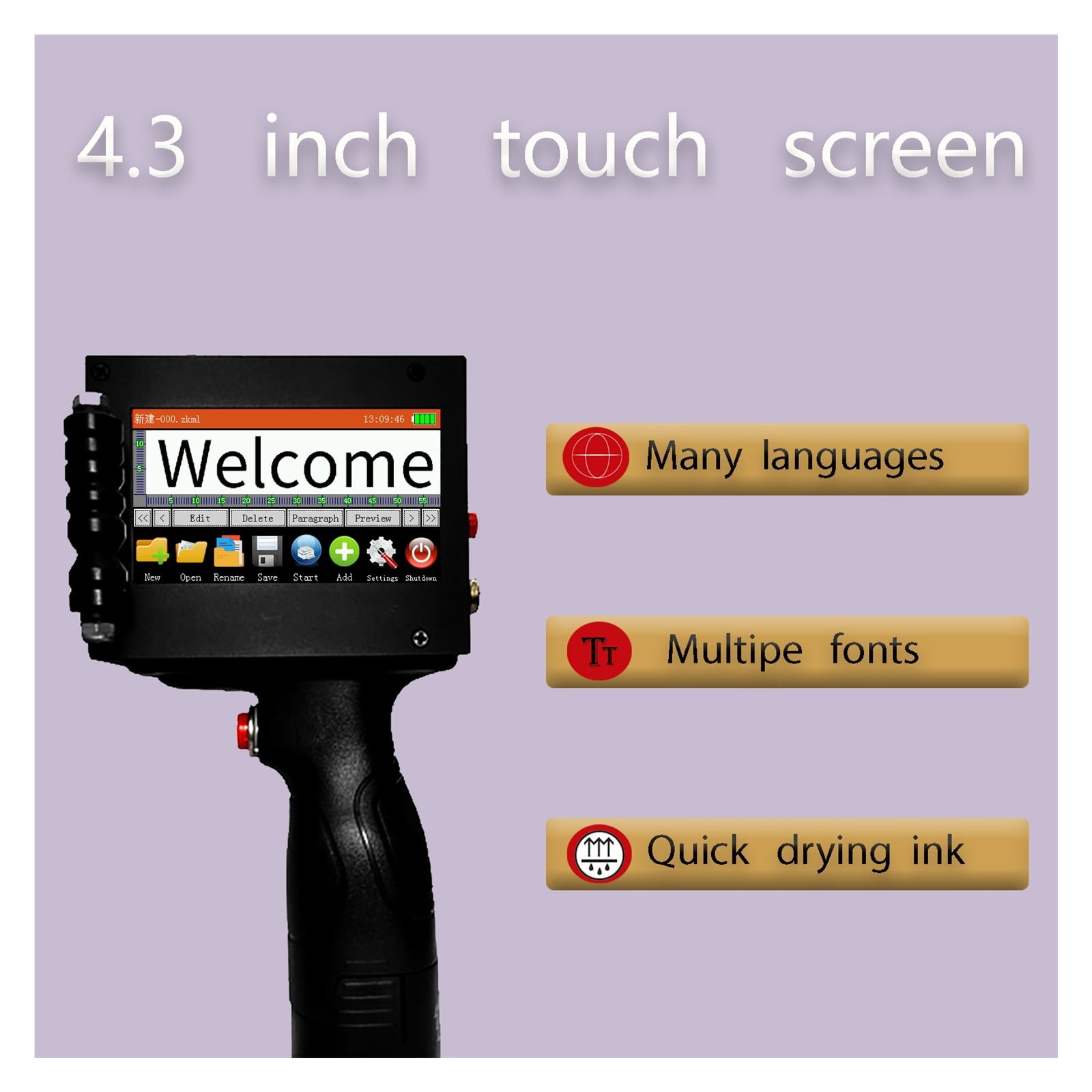 Handheld Inkjet Printer, 4.3 Inches LED Touch Screen Quick-drying Inkjet Printer, 2-12.7MM Font Height ,Multifunction Inkjet Printer