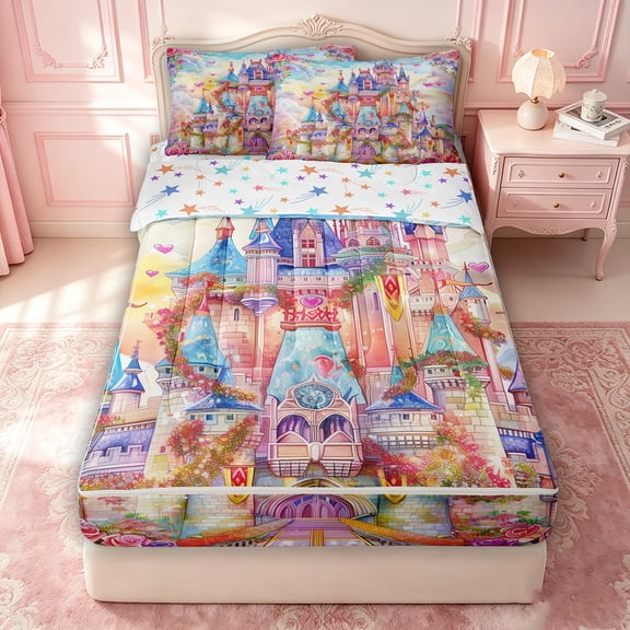 Erosebridal Watercolor Fantasy Castle Zipper Twin Comforter Sets with Fitted Sheet and 2 Pillowcases for Girls, Dreamy Floral Heart Star Print Zipper Bedding Set, Stars Reversible, 4pcs