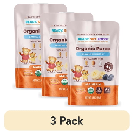 (3 pack) Ready, Set, Food! Daniel Tiger Stage 2 Baby Food, Banana Blueberry, Top Allergens, 3.5 oz Pouch