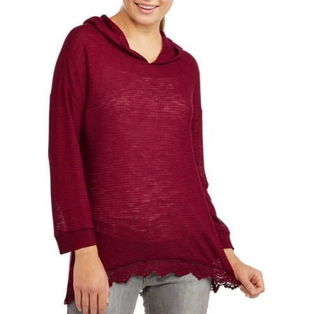 Juniors Dolman Sleeve Hoodie with Lace Trim Bottom