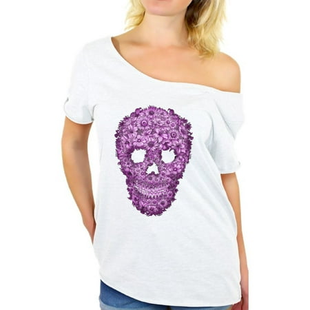 Awkward Styles Flower Skull Off Shoulder Shirt Floral Skull Baggy Tshirt Sugar Skull Flowers Oversized Shirt for Women Day of the Dead Shirt Halloween Gifts for Her Dia de los Muertos Outfit