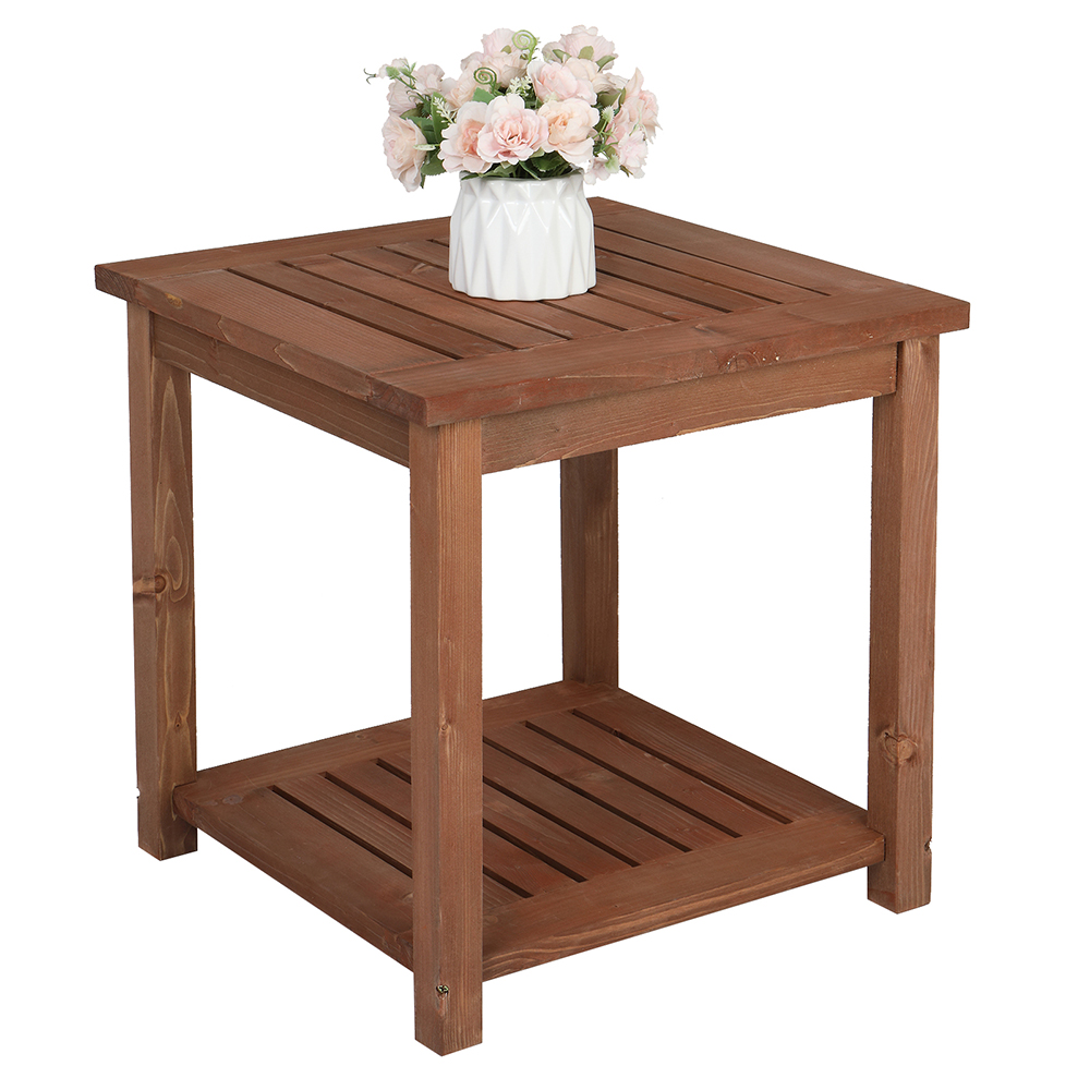 Patio Wood Side Table, Outdoor Small Dining Table with Storage, Square