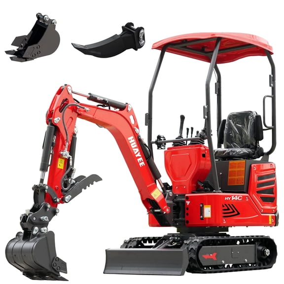 HY14C 1.4T Mini Excavator 13.5HP B&S Gas Engine w/Side Swing, Hydraulic Thumb & Semi-Auto Quick Coupler - Includes 200mm Digging Bucket, Ripper & Delivery/Unloading Service