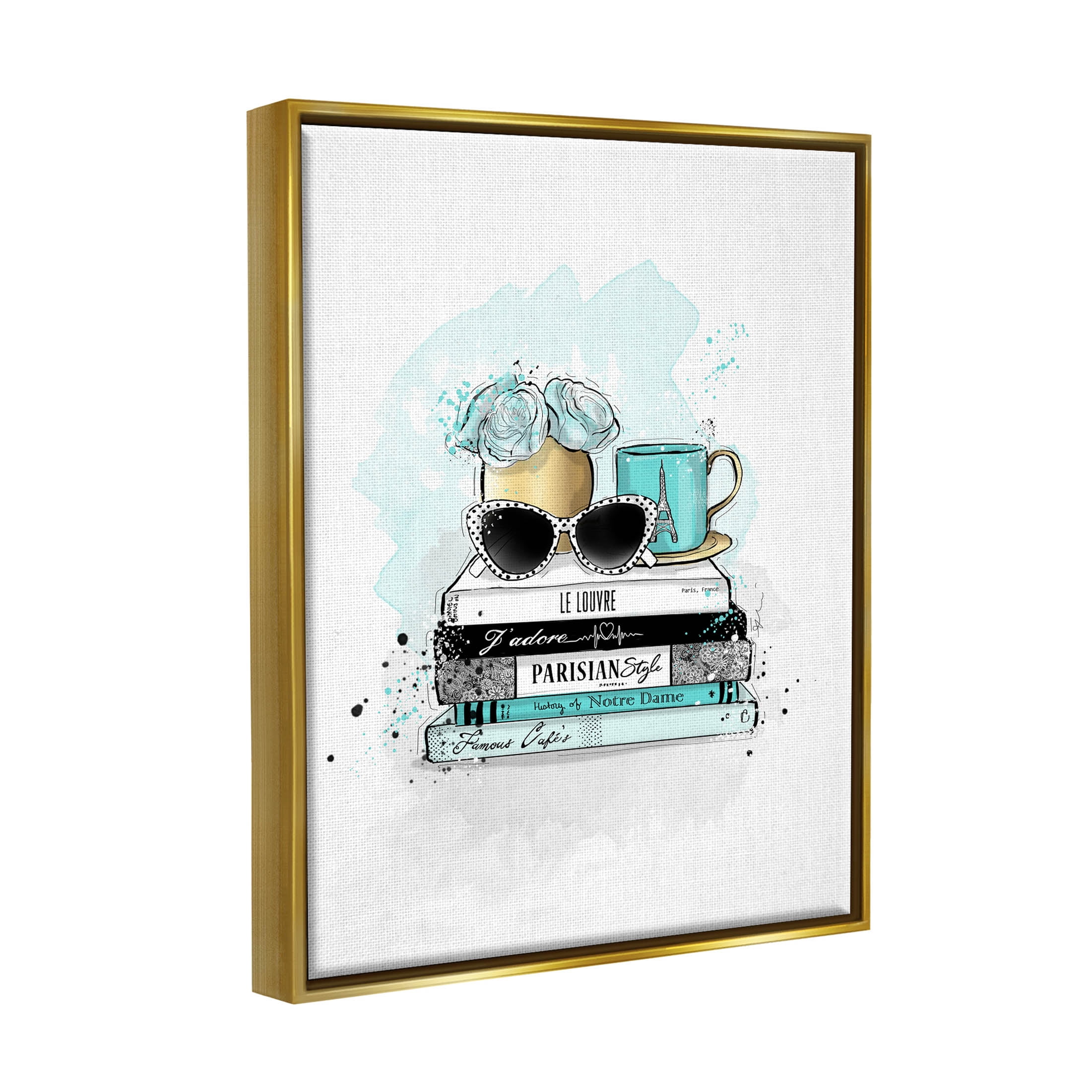 Stupell Industries Turquoise Fashion Book Stack Graphic Art Metallic Gold Floating Framed Canvas Print Wall Art, Design by Alison Petrie