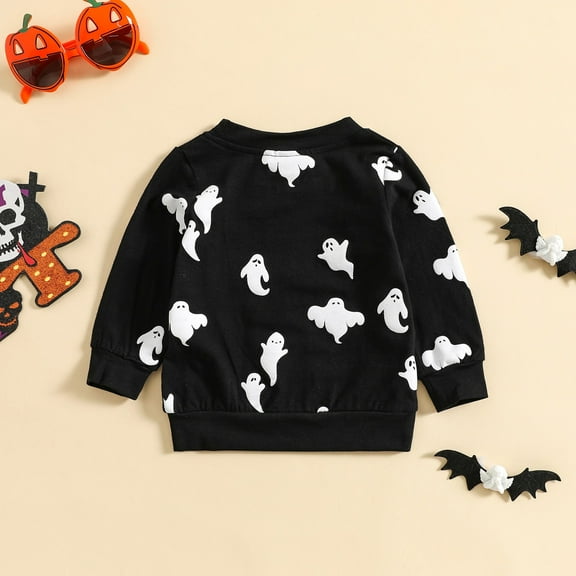 XIMIN Toddler Baby Girls Halloween Knit Sweater Crewneck Long Sleeve Letter Cartoon Prints Ghost Embroidery Pullover Birthday Tops Infant Cute Fall Winter Clothes
