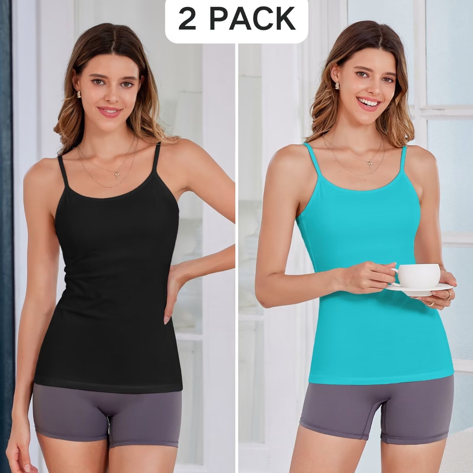 Womens Cotton Camisoles with Shelf Bra Solid Basic Spaghetti Straps Tank Tops Camis Pack of 2 - image 4
