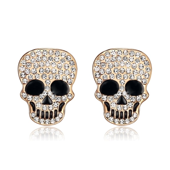 18K Gold Plated Crystal Skull Skeleton Stud Clip Stainless Steel Halloween Earrings for Women Gift