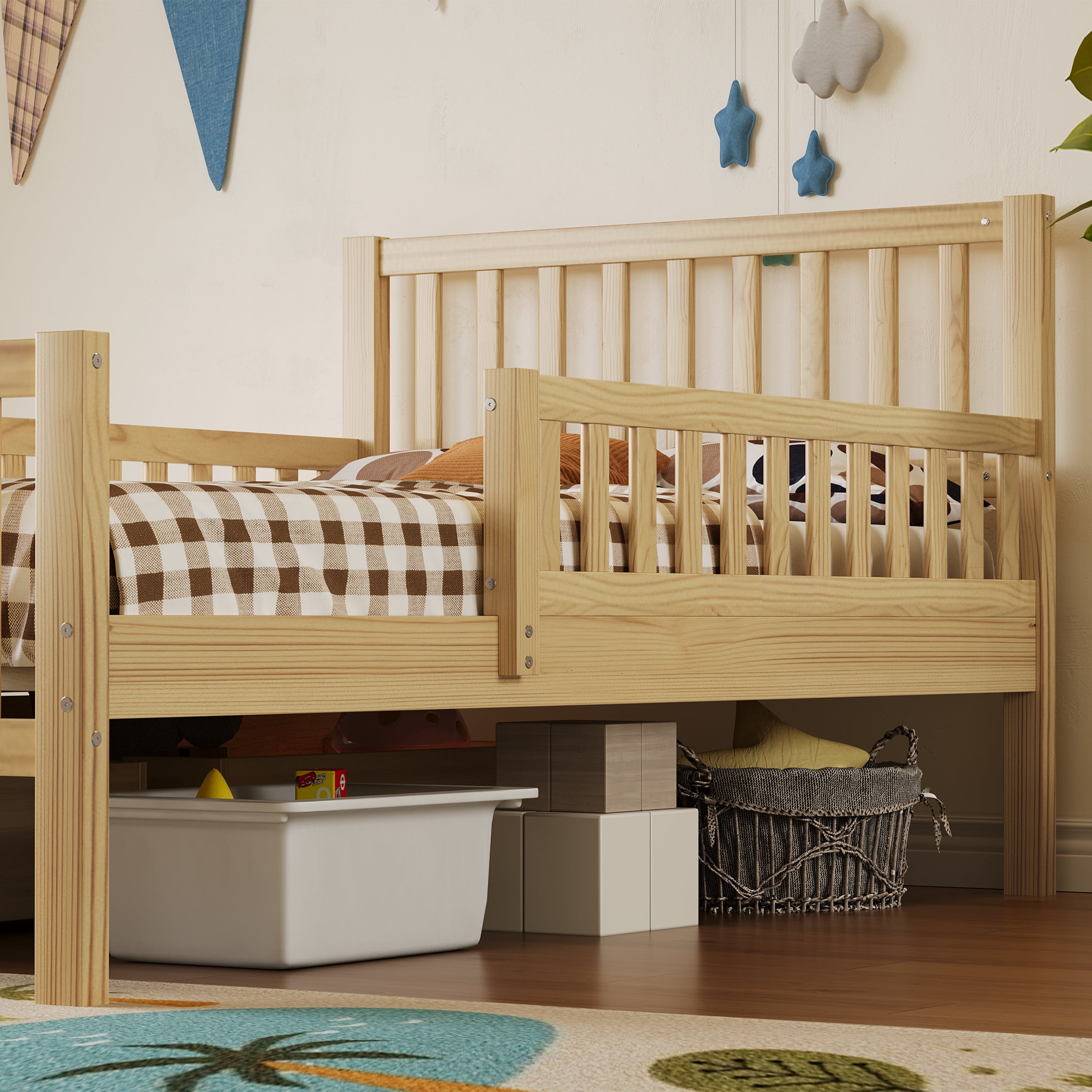 Euroco Wood Twin Size Platform Bed with Guardrails and Drawers for Kids Teens Toddlers, Natural