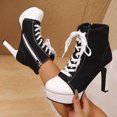 thumbnail image 5 of Heeled Ankle Boots for Women Fashion Round Toe Canvas Platform Heels Side Zipper Lace up Stilettos Furry Lined Booties Black Size 7.5, 5 of 7