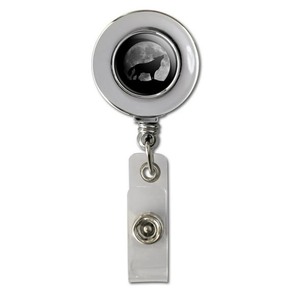 Wolf Howling Moon Silhouette Retractable Reel Chrome Badge ID Card Holder Clip