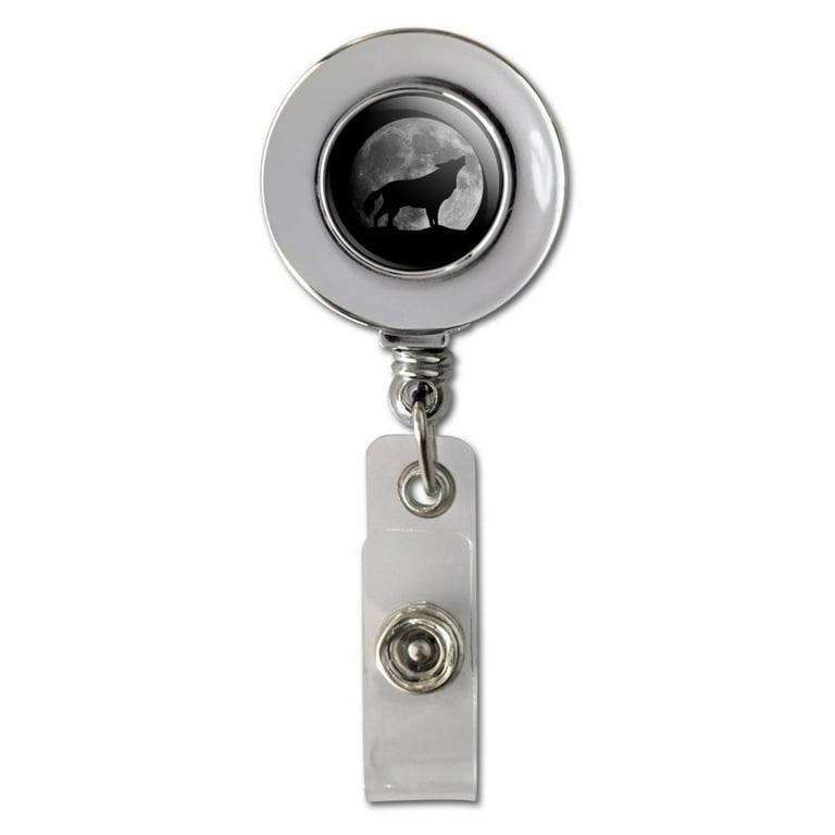 Wolf Howling Moon Silhouette Retractable Reel Chrome Badge ID Card