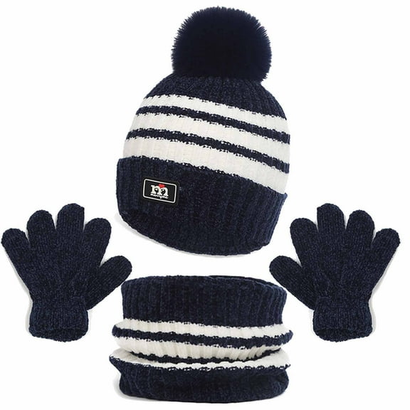 Youth Winter Hat Scarf & Glove Sets 3 Piece Size 1-11 Toddler Boys Girls Cute Knitted Fleece Lined Thermal Pom-Pom Beanies Hats Scarves Gloves Set