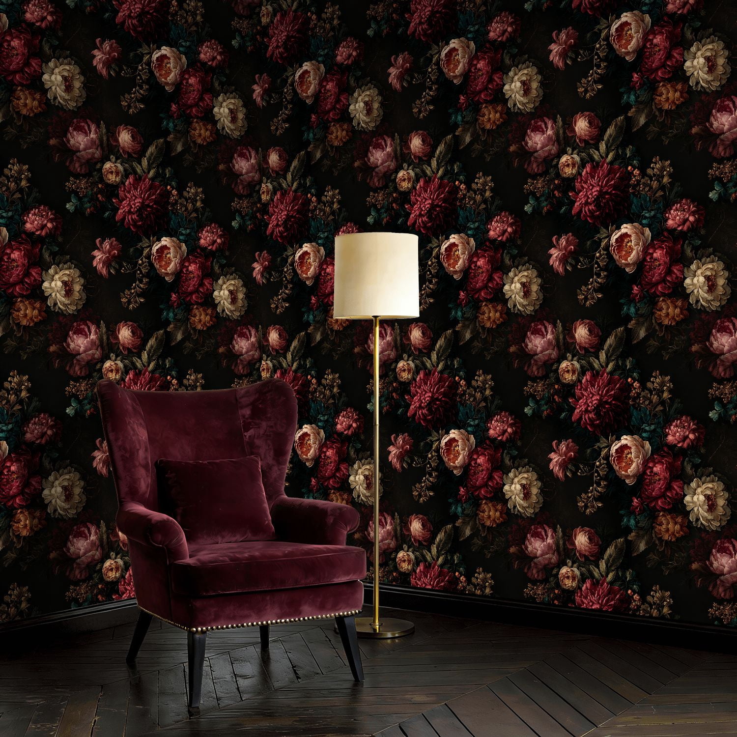 Peel and Stick Wallpaper Dark Vintage Floral Bouquet Deep Red Peonies Botanical Wall Mural 23.6in x 9.8ft Self Adhesive Removable Wall Paper Renter Friendly Wallpaper for Nursery Bedroom Cabinets