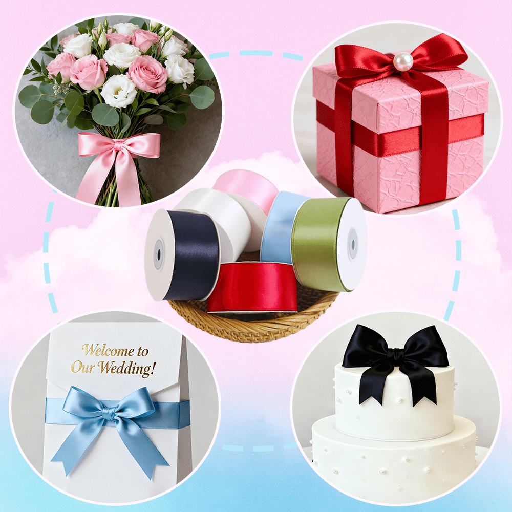 Yarniss Satin Ribbon 6 Rolls Total 150 Yards, 1-1/2 Inches 25 Yards, Solid Fabric Ribbon Roll for Flower Bouquets, Gift Wrapping, Wedding, Handmade Crafts