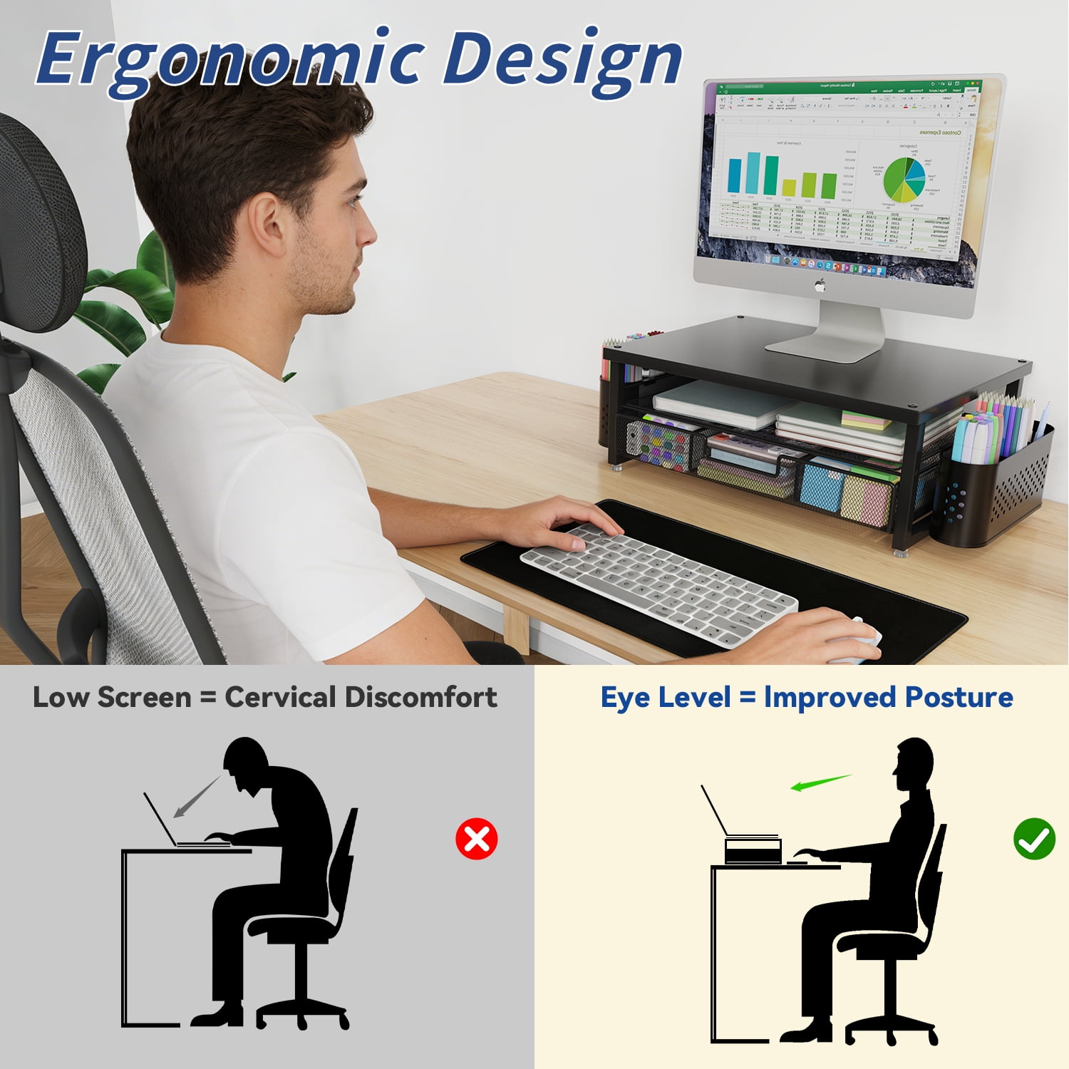 MEHOOM 3-Tier Monitor Stand Riser with Drawer and Pen Holders, Desk Organizer and Accessories for Laptop, Office, and Dorm Desktop Setup, Black