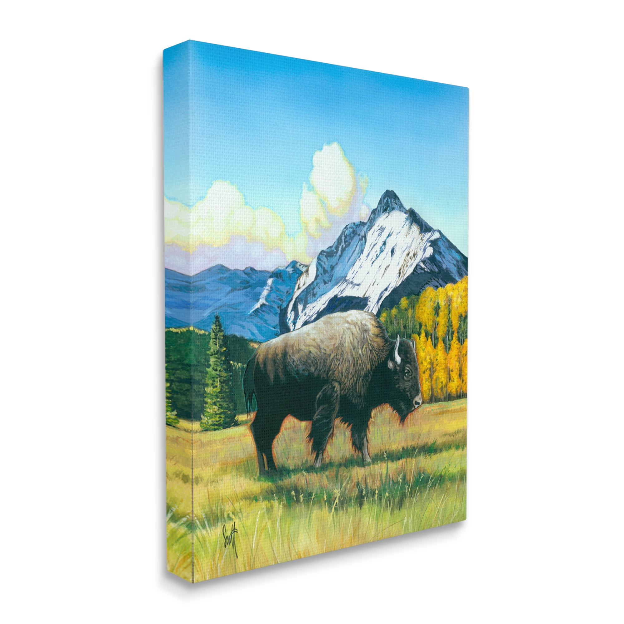 Stupell Industries Bison Rural Mountain Painting Animals & Insects Painting Gallery Wrapped Canvas Print Wall Art, 16 x 20