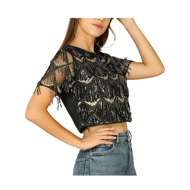 Unique Bargains Women\'s Sequin Shiny Glitter Short Sleeves Crop Top Tassel T -Shirt S Black