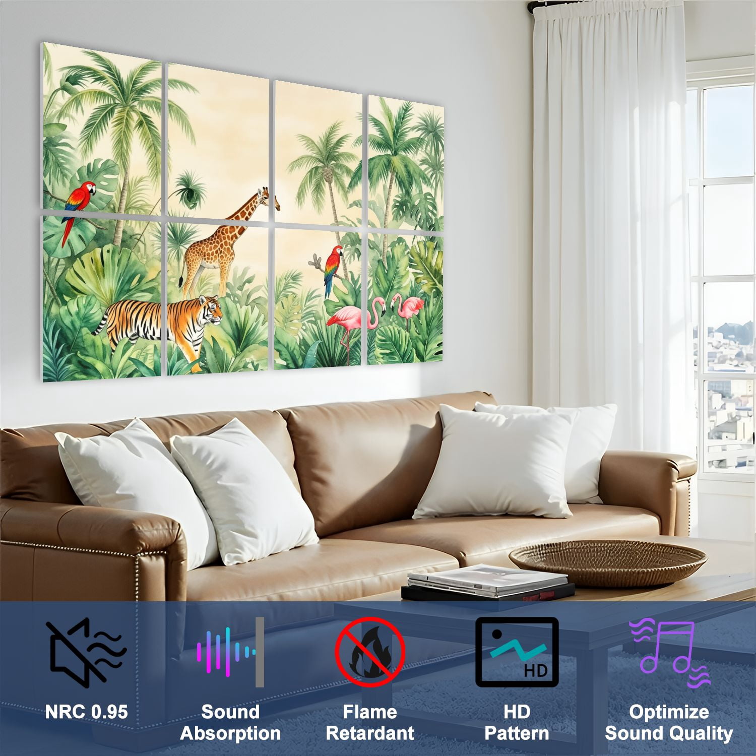 8 Pack Art Acoustic Panels Sound Absorbing Tropical Jungle Giraffes Tigers Parrots Greenery Decorative Soundproof Wall Panels Self Adhesive for Nursery Game Room Bedroom 48"x32"
