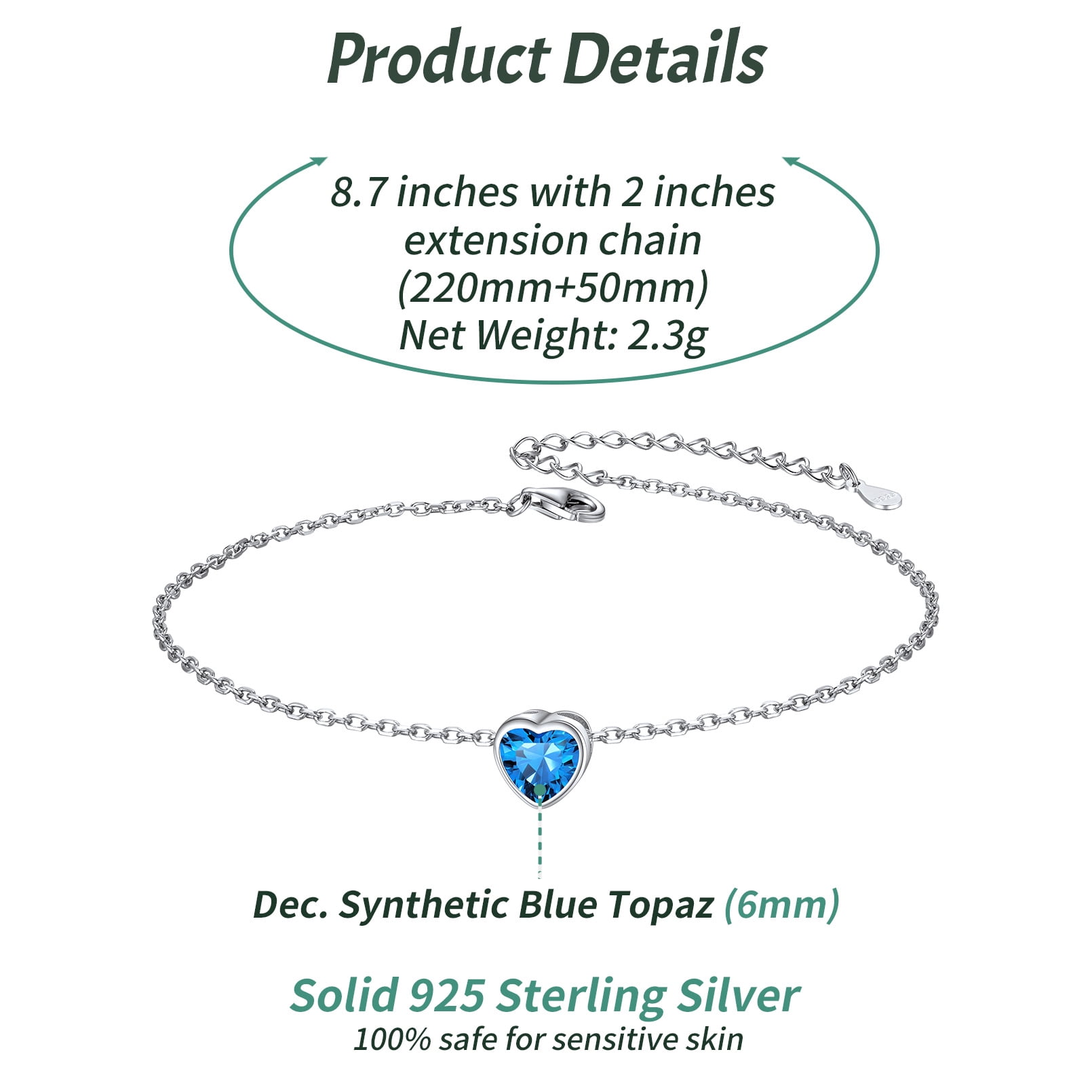 ChicSilver 925 Sterling Silver Ankle Bracelets for Women, Simple Dainty Heart Birthstone Anklets Beach Foot Chain Summer Jewelry Waterproof