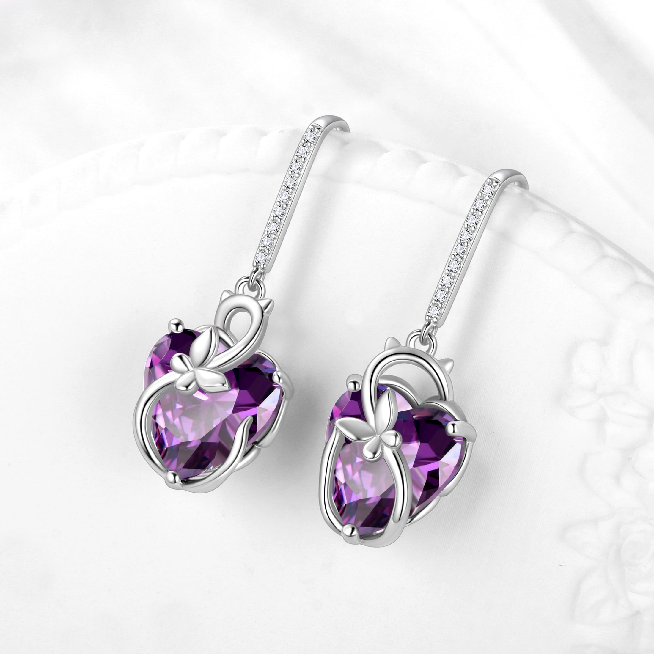 Juwaliy Cat Butterfly Earrings for Women 925 Sterling Silver Earrings Dangle Hook Purple Heart Amethyst February Birthstone Jewelry Mother Christmas Birthday Valentine's Day Gifts for Wife