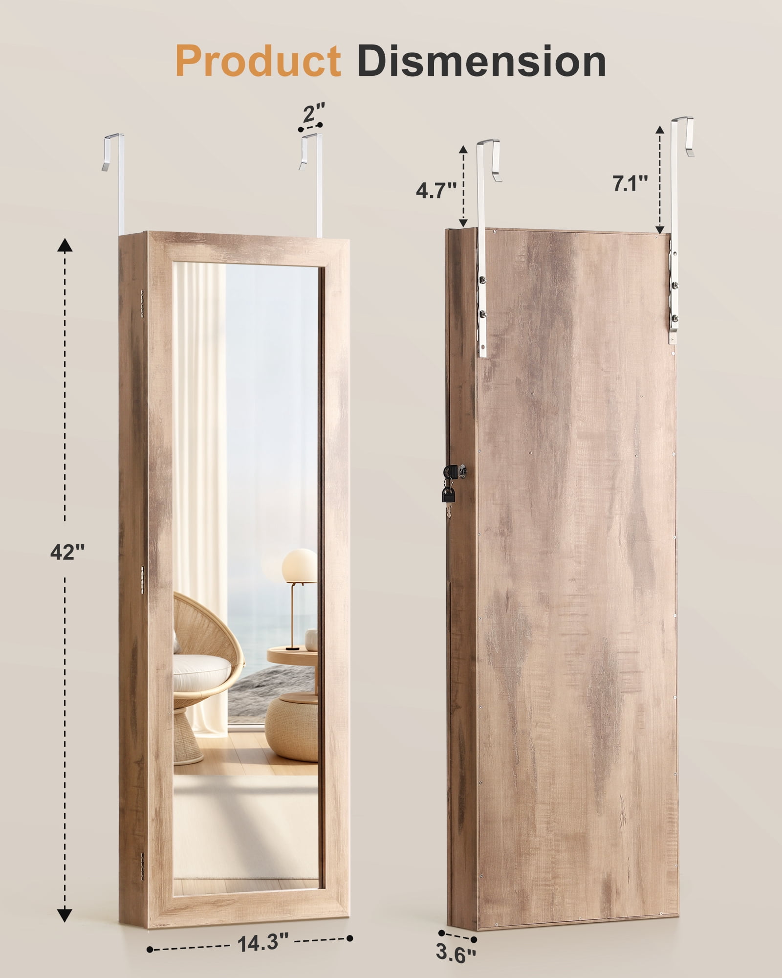 Skyhill Mirror Jewelry Cabinet,40in Jewelry Armoire Organizer,Door or Wall Mounted,6 LED Lights（Oak）