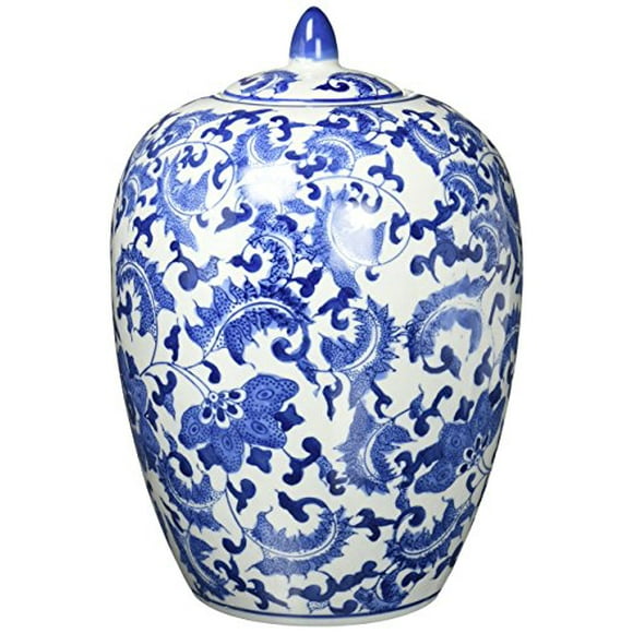 Pot à épices asiatique classique de meubles orientaux, melon en porcelaine bleu et blanc chinois de 12 pouces, glaçage craquelé de glace sur motif floral