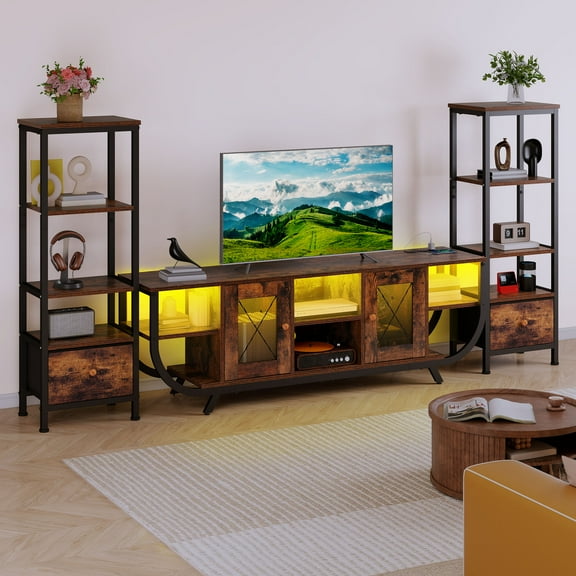 Craftian TV Stand for TVs up to 65", LED Entertainment Center with Bookshelf & Power Outlet & Fabric Drawer, Brown