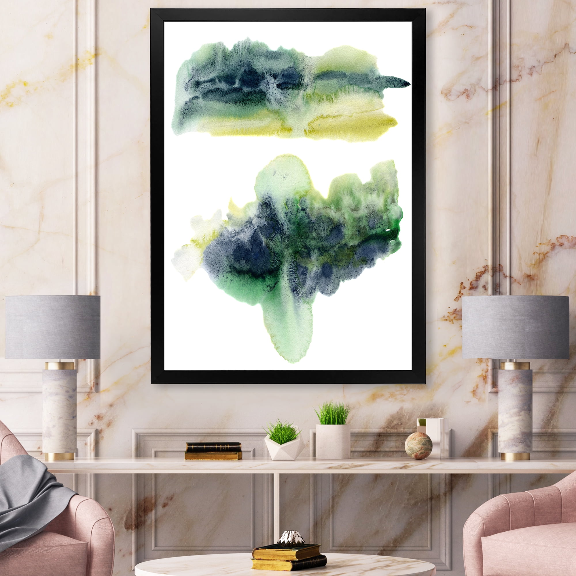 Designart 'Golden Green Abstract Clouds IV' Modern Framed Art Print