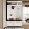 thumbnail image 2 of Versatile 4-in-1 Hall Tree with 6 Golden Hooks, Brown Wood Grain Bench with Multiple Storage Space, Entryway Coat Rack with 2 Drawers for Living Room, Hallway, White, 47.2''W*76.6''H, 2 of 9