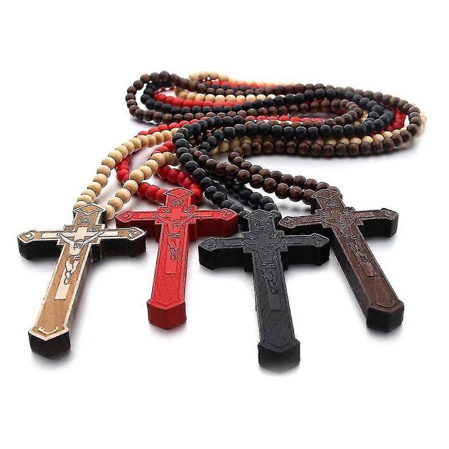 Collar de cruz católica con cuentas de madera Rosario Ropa religiosa Cadena colgante de crucifijo tallado de Jesús-Rojo-Rojo-Código de producto 46082 Rojo Rojo