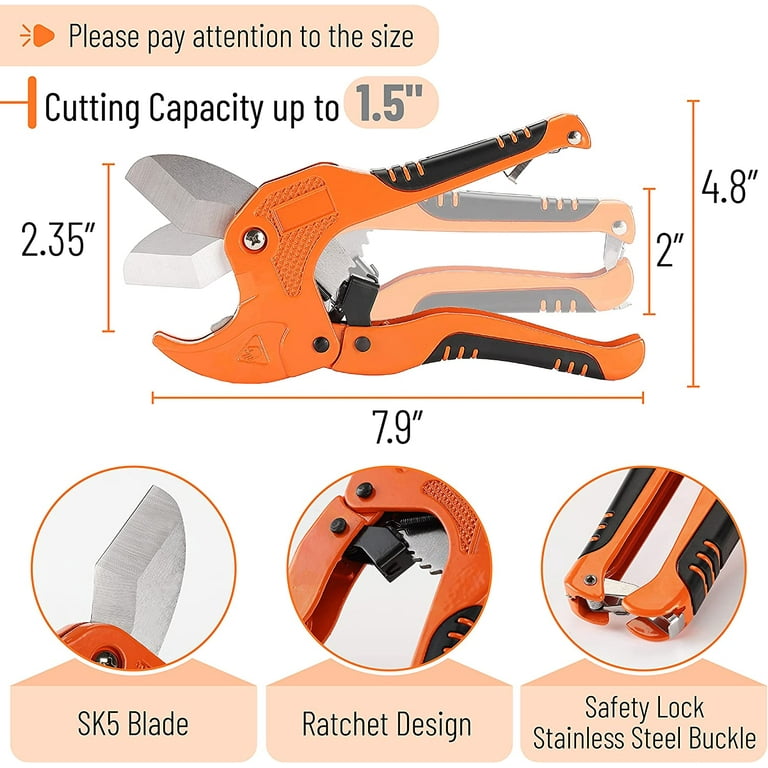 Bates- PVC Pipe Cutter, Cuts up to 1.5 Inch, Ratcheting PVC Pipe Cutter  Tool, Pipe Cutters PVC, PVC Pipe Shears