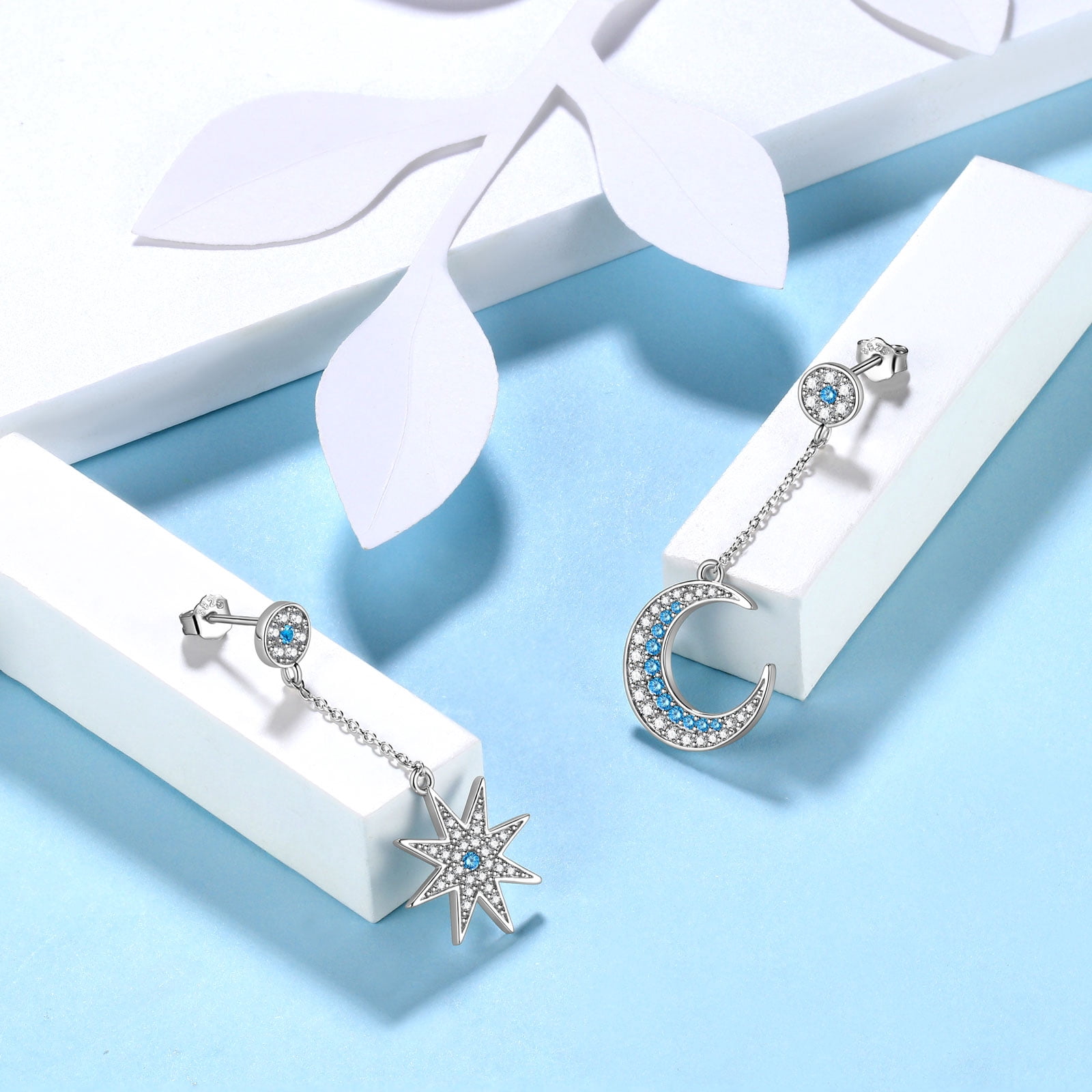 Juwaliy 925 Sterling Silver Asymmetric Moon Star Dangle Drop Earrings Dangle Blue Crystal Jewelry Christmas Valentine's Day Gift for Women Mother Wife