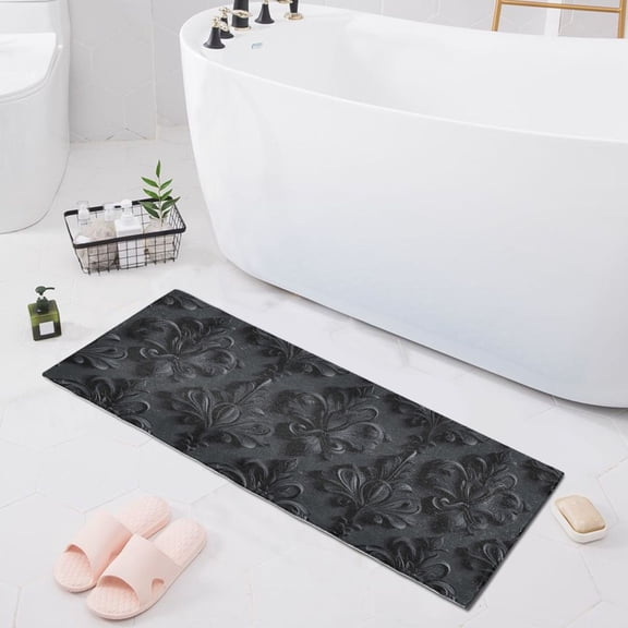 3d Dark Black Damask Bath Mat 39x20 Non-Slip Bathroom Rugs Absorbent Soft Plush Quick Dry for Tub Shower Kitchen Home Decor