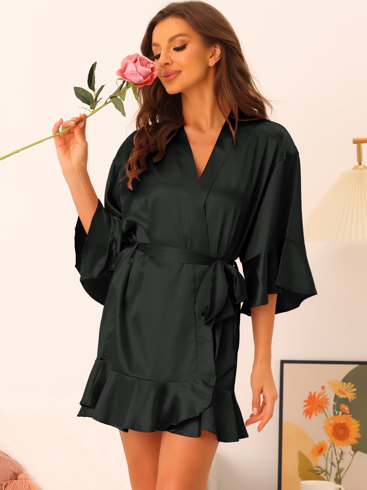 DARING DIVA Women's Satin Silky 3/4 Sleeves Tie Waist Loungewear Robes XL Black
